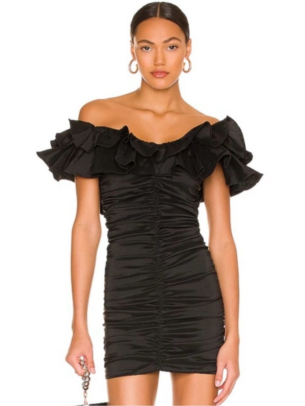 Lovers + Friends Off-Shoulder Black Ruffle Ruched Mini Dress
